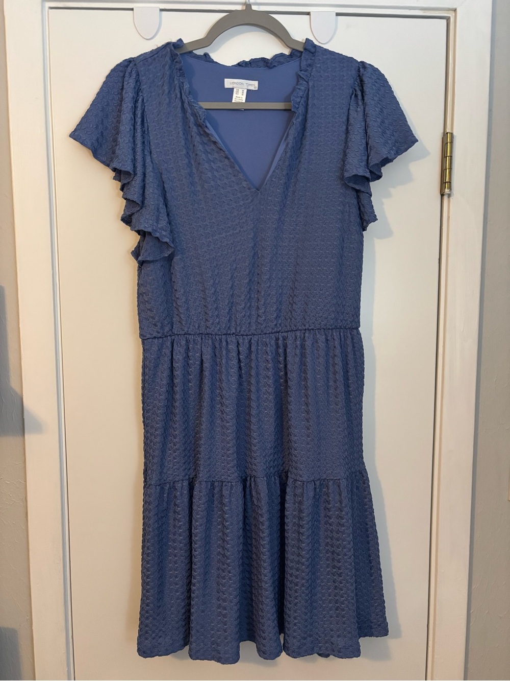 London Times Dusty Blue V-Neck Flutter Sleeve Tiered Mini Dress